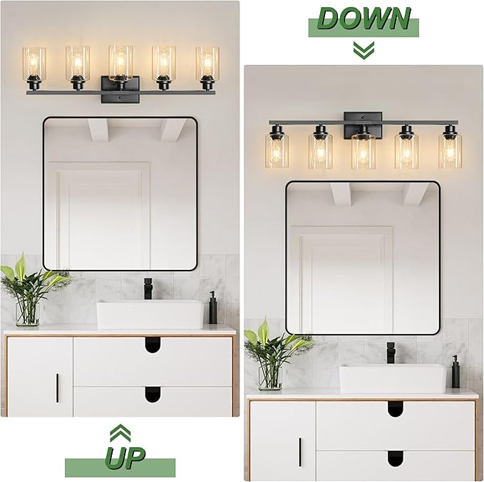 Ascher 5-Light Bathroom Light Fixtures, 33 Inch Vanity Lights with Clear Glass Shade, Modern Black Finish Wall Light for Mirror Bedroom Hallway Cabinet Porch