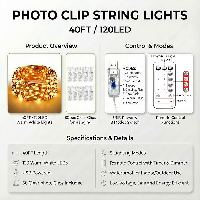 Teen Girl Gifts Trendy Stuff: Aesthetic 40Ft 120LED Hanging Picture Fairy Lights with 50 Clips - 8 Modes & Timer, Waterproof - Trendy Teenager Girl Gift for Birthday Christmas, Dorm Bedroom Wall Decor