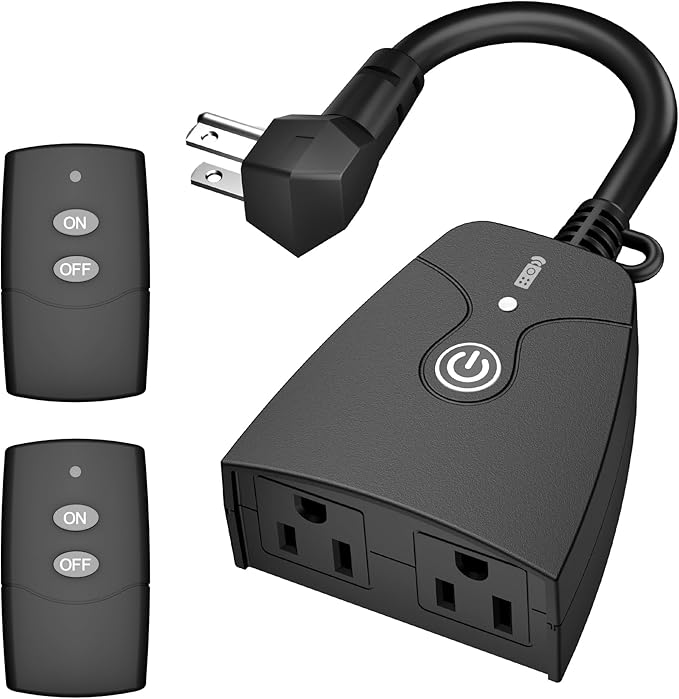 HBN Outdoor Wireless Remote Control Outlet Plug,Weatherproof Heavy Duty Power Strip,Indoor Electrical Plugs for Light Switch,6-inch Cord,100ft Range, 2 Remote Controls(15A,Dual 3-Prong Outlets)