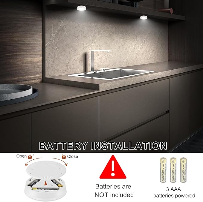 Wireless LED Puck Lights, Touch Activated Tap Ligh, Battery Operated Stick On Lights for Under Cabinet, Kitchen, Closet & Counters, 3-Pack, White