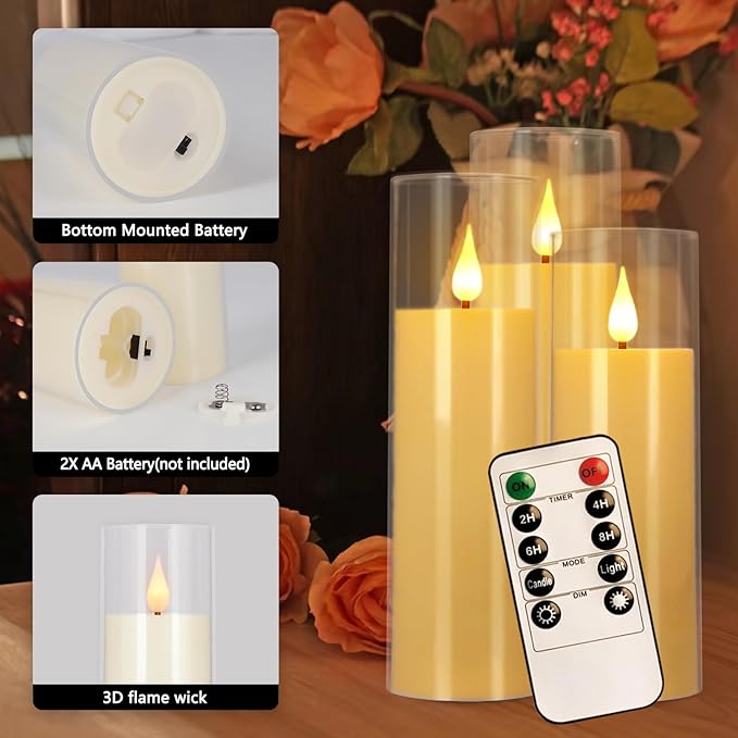 12 Packs of Acrylic LED Candles, Flickering Flameless Candles Battery Operated with Remote Dimmed and Timed, 3D Wick Candles for Home Decor,Wedding,Gift，Parties and Festivals. (3 Size Ivory)