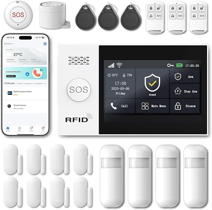 WiFi Wireless Alarm System for Home Security - 24/7 Protection Smart Home Devices 4.3" Touch Screen, GSM/4G+WiFi, App Instant Alerts, No Monthly Fee, Alexa Compatible for Villa, Kids Safety (21 pcs)