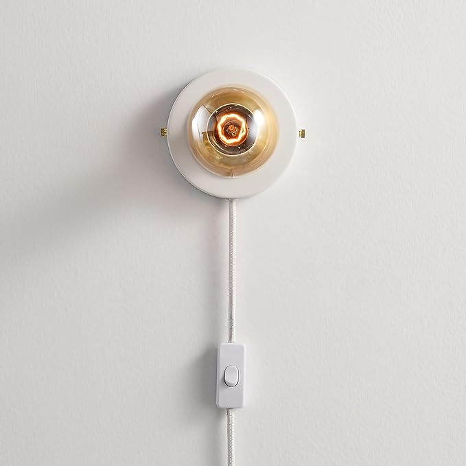 BRIGHTTIA Luna 1-Light Plug-in Wall Sconce - Mid Century Modern Minimalist Bedroom Home Office Lighting - Portable Wall Lamp for Apartments & Small Spaces with No J-Box - White & Gold (BW0026-1WGP)