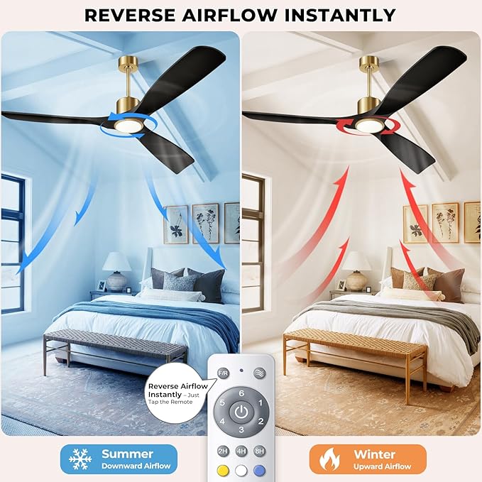 60" Smart Ceiling Fan with Lights,Black & Gold Ceiling Fan 3 Blade,Compatible with Alexa/Gg/App/Remote,6 Speed Quiet Reversible DC Motor for Patio Porch