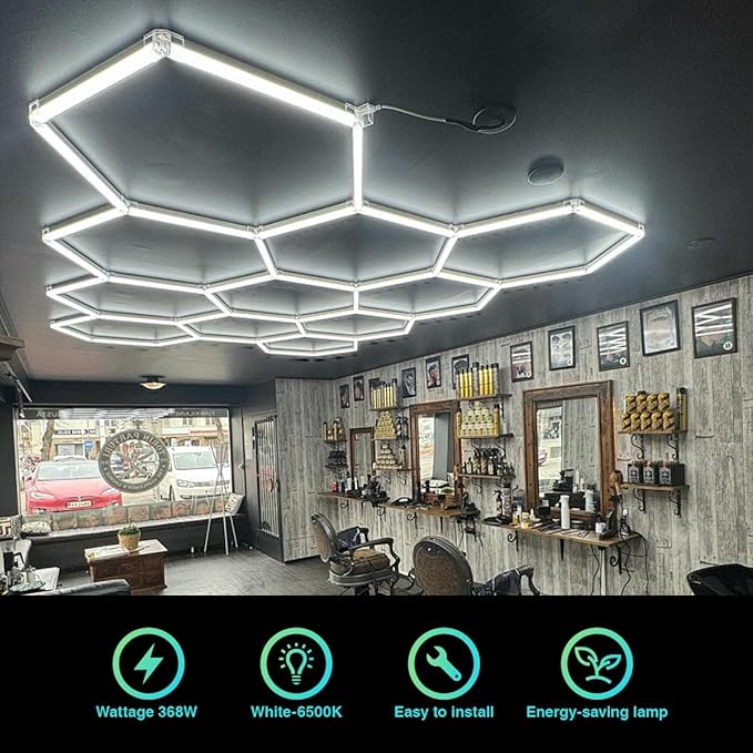 Hexagon Garage Lights, 11 Honeycomb 46packs Tubes 6500K 368W 3.2X2.3m, Honeycomb Garage Lights Ceiling LED Car Detailing Lighting for Gym Basement Warehouse Auto Beauty Shop Hair Salon Office