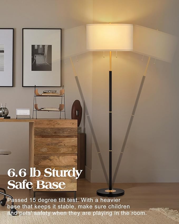 ELYONA 2-Light Floor Lamp Modern Reading Standing Light 3 Color Temperatures LED Bulbs Include White Fabric Shade Vintage Tall Pole Corner Lamp for Bedroom Living Room Office, Black & Brushed Gold