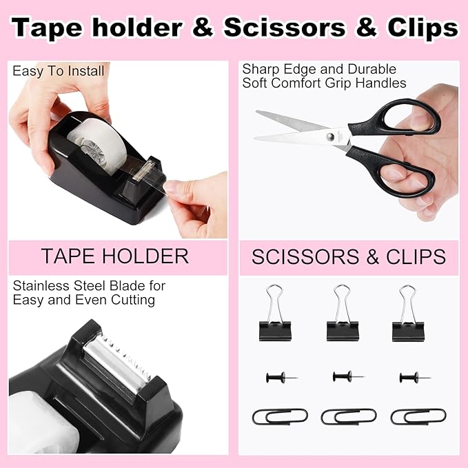 Black Desk Organizers and Accessories Set with 360-Degree Rotating Pen Holder, Tape Dispenser, Stapler, Staple Remover, 1000 Staples, Tape, Clips Set, Ruler, Scissor, Pen
