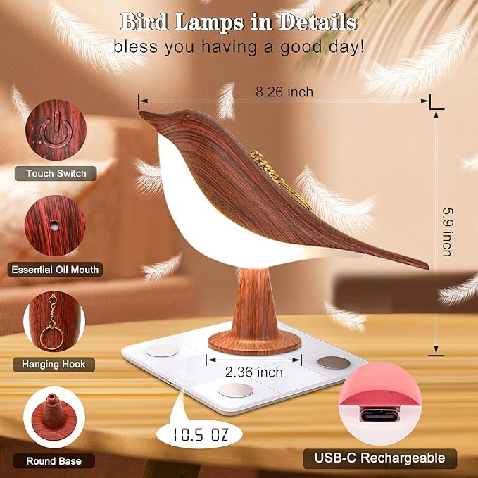 Small Cordless Birds Lamp, Touch Night Light with 3 Color Temperature/Dimmer Brightness/Touch Sensor/Aroma Diffuser, Rechargeable Battery Hummingbird Lamp for Kids, Bedside, Small Place