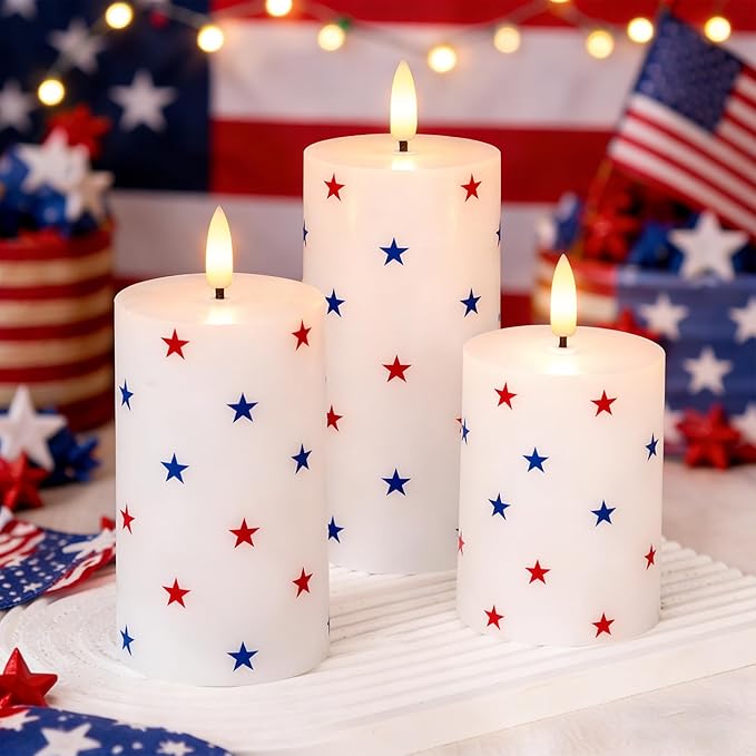 Patriotic Flameless Pillar Candles with Remote, 3 Pack Battery Operated Real Wax LED Candles, Perfect for 4th of July Independence Day Home Decorations Fireplace Table, Star Sticker