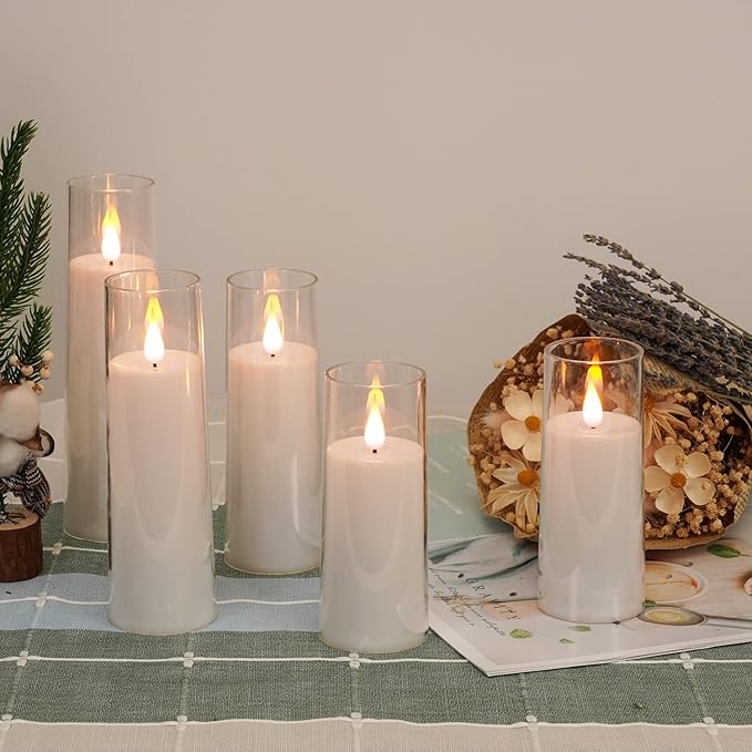 Amagic Magic Pure White Flameless Candles, Battery Operated Candles, Acrylic Flickering LED Pillar Candles with Remote Control and Timer, 3D Wick, Yellow and Blue Glow, D2.2 xH5.5 6.5" 7.5", Set of 9