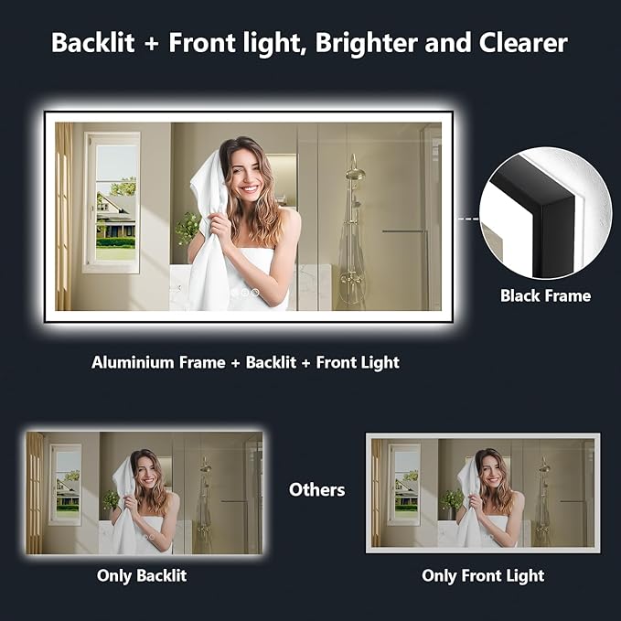 72x40 Inch LED Bathroom Mirror with Lights (Front Lit and Backlit) Black Framed Lighted Vanity Mirror for Bathroom Wall Dimmable Anti-Fog Memory Tempered Glass Horizontal/Vertical