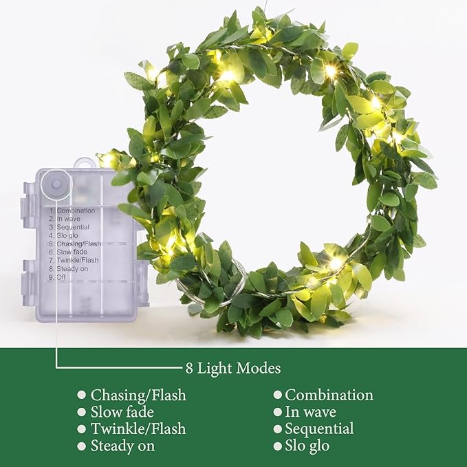 String Lights 2 Pack Artificial Ivy Vines with Lights 8 Light Modes Each 6.5Ft 20 LED Fake Vines with Fairy Lights Green Leaves Vines String Lights for Bedroom Room Garden Party Decor