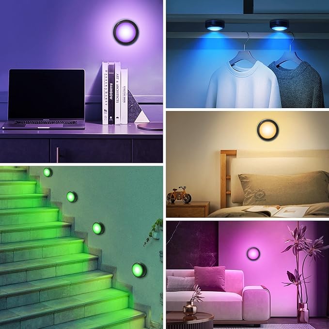 Cadrim Puck Lights, 4 Pack 13 Colors Changeable LED Puck lightings Battery Powered Dimmable Under Cabinet Lights, Battery Powered Under Counter Lights with 1 Wireless Remote Controls, Black