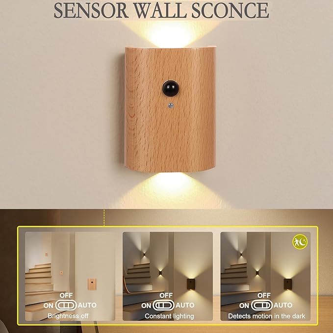 LANDGOO 1-Pack Wood Step Light with Motion Sensor, Rechargeable Stair Night Light, Beech Wood 2700K Warm White LED Wall Lamp, Easy No-Wire Installation for Hallway Bedroom