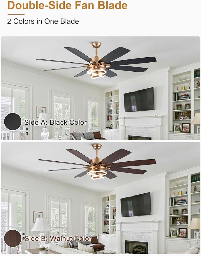 Gold Ceiling Fans with Lights, 72 Inch Large Modern Ceiling Fan with Remote Control for Living Room Kitchen, 3 CCT, 6 Speed Reversible DC Motor, Dual Finish