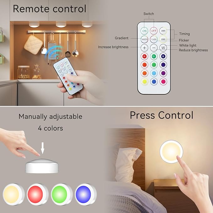 LED Puck Lights with Remote Control, Under Cabinet Lighting Stick on Tap/Push Lights, Battery Operated Closet Lights, Wireless Led Wall Light for Bedroom, Under Counter Light for Kitchen,2 Pack