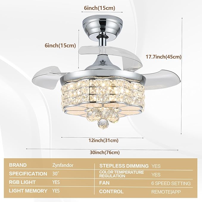 30" RGB Crystal Retractable Ceiling Fan with Light Dimmable LED Chandelier, Remote & App Control, 6-Speed Timer, Memory Function for Bedroom Living Room,Silver