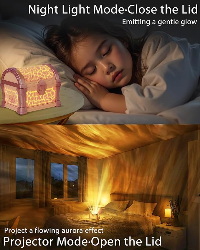 Pink Treasure Chest Night Light for Girls - 7-Color Northern Lights Projector Aurora Light Projector with Auto Timer, Dimmable Kids Bedroom Lamp for Girls Sleeping & Dreaming & Kids Room Decor