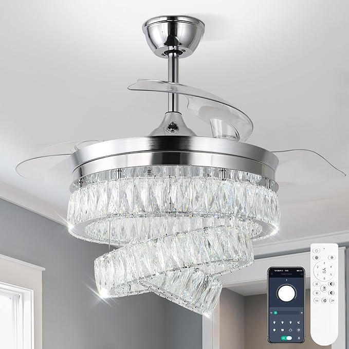 Finktonglan 42'' Fandelier Ceiling Fan with Light, LED Crystal Chandelier Ceiling Fan with Remote Retractable Chandeliers Fan for Bedroom Living Room, Timing 6 Speed Reversible, Chrome