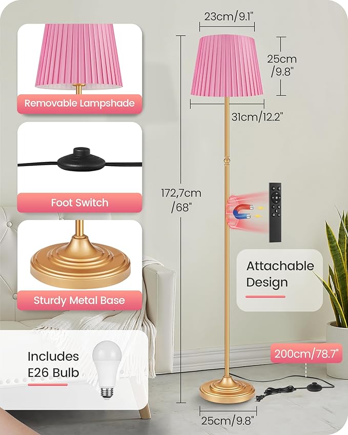 Pink Floor Lamp for Living Room, 68" Standing Lamp, Dimmable Reading Light with Remote & Foot Pedal, with LED Bulb, for Living Room, Bedroom, Girls Room FCC Listed, Gold and Pink DP12LD05