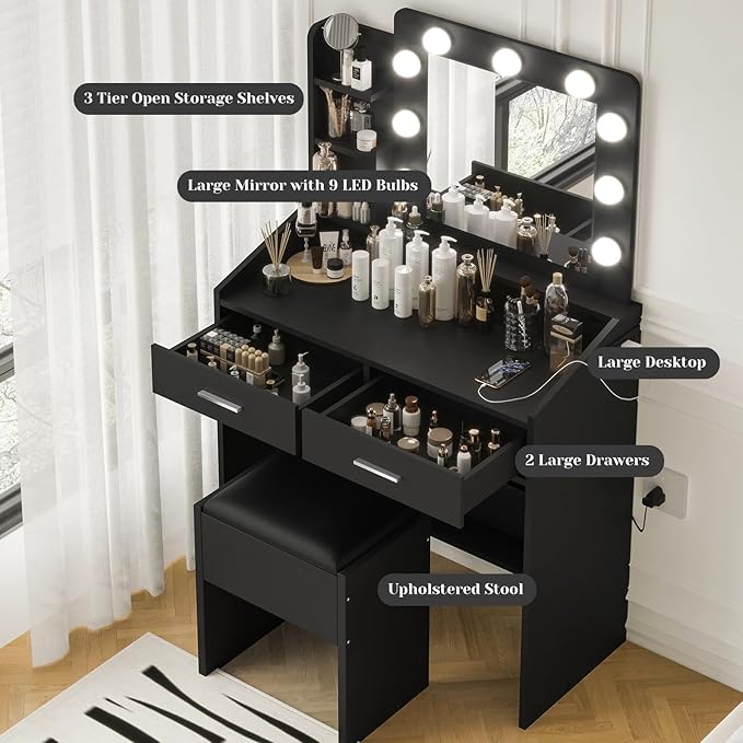 Vanity Desk with Lights and Mirror - Makeup Vanity Set with Power Outlet & USB Ports, 3 Lighting Modes, Adjustable Brightness, Includes 2 Drawers and Cushioned Stool, Small Dressing Table for Bedroom