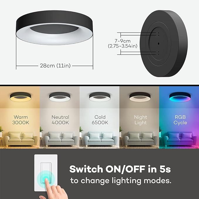 RGB Led Flush Mount Ceiling Light with Remote Control, 11 Inch 24W Black Ceiling Light Fixture, 3000K-6500K Light Color Changeable, Modern Ceiling Lights for Bedroom Kids Room
