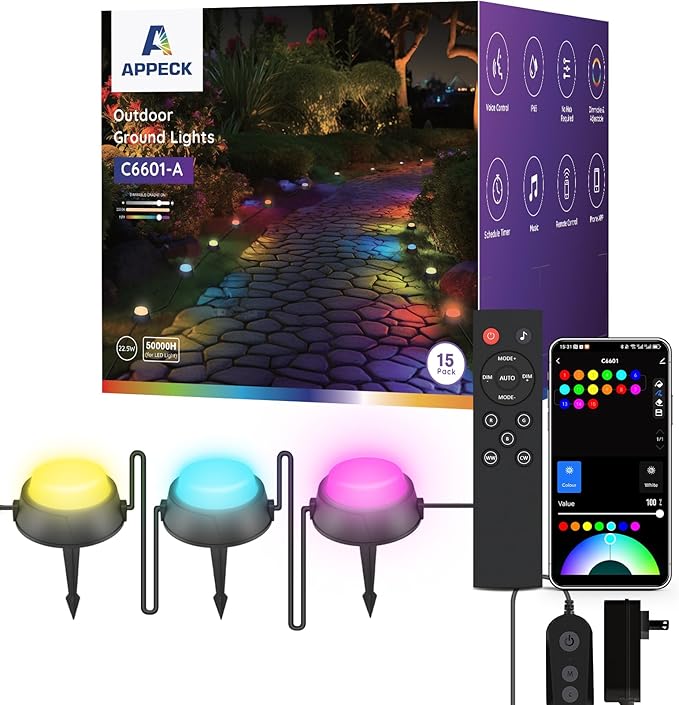 APPECK Outdoor Ground Lights 15 Pack, 32FT RGBW Color Changing Pathway Lights Wired, Smart Landscape Lights IP65 Waterproof, for Path Yard Lawn Patio Holiday Party Decor, with App/Remote Control