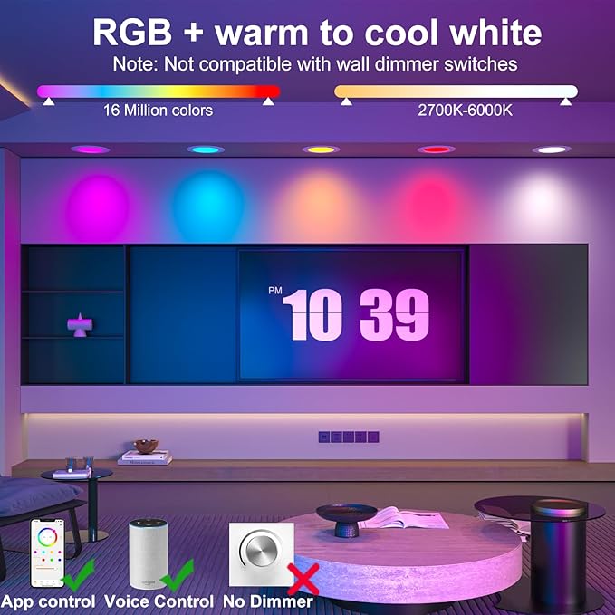 Color Changing LED Can Lights,12Pack Retrofit LED Recessed Lighting 5/6inch,13W 1050LM Smart Recessed Can Lights,Compatible with Alexa,Bluetooth APP Control,for Bedroom Kitchen Living Room