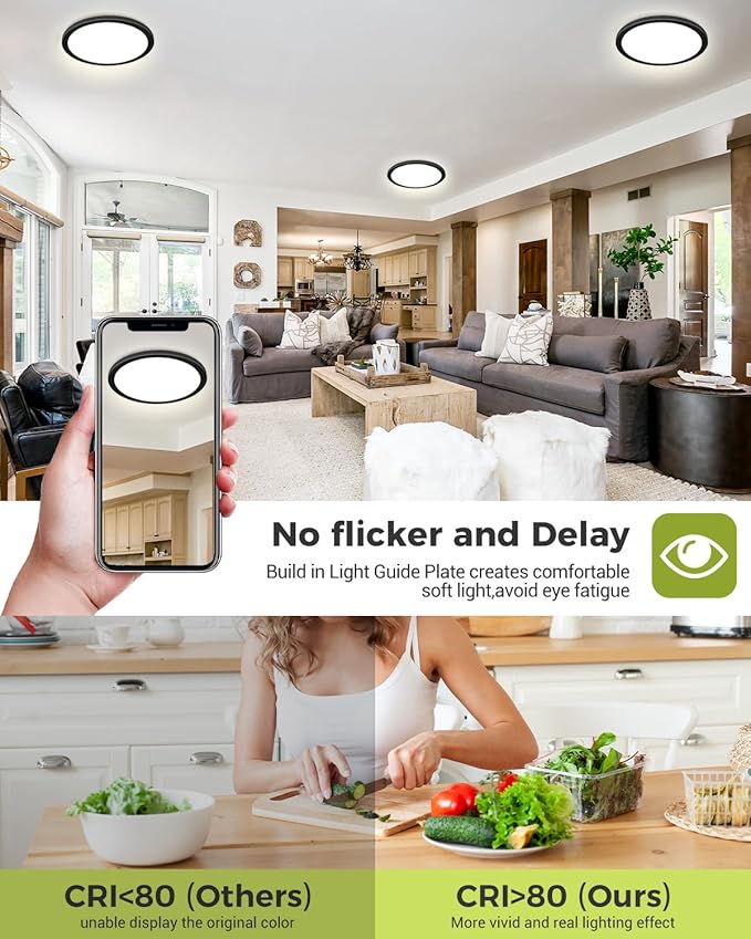 1PACK LED Flush Mount Ceiling Light Fixture Black, 9Inch 24Watt, 3000k/4500k/6000K Ceiling Light, Ultra Slim Flush Mount LED Ceiling Lamp for Bedroom, Living Room, Kitchen, Hallway