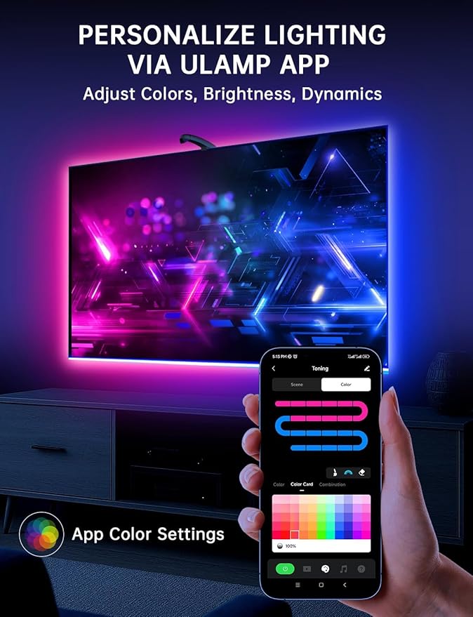 TV LED Backlight with Sensor, LED Sync Lights for TV 55-65 Inch, Smart Camera Sync to Screen, Ambient RGB Strip Lights for Gaming & Home Theater, App Control (14.7ft)