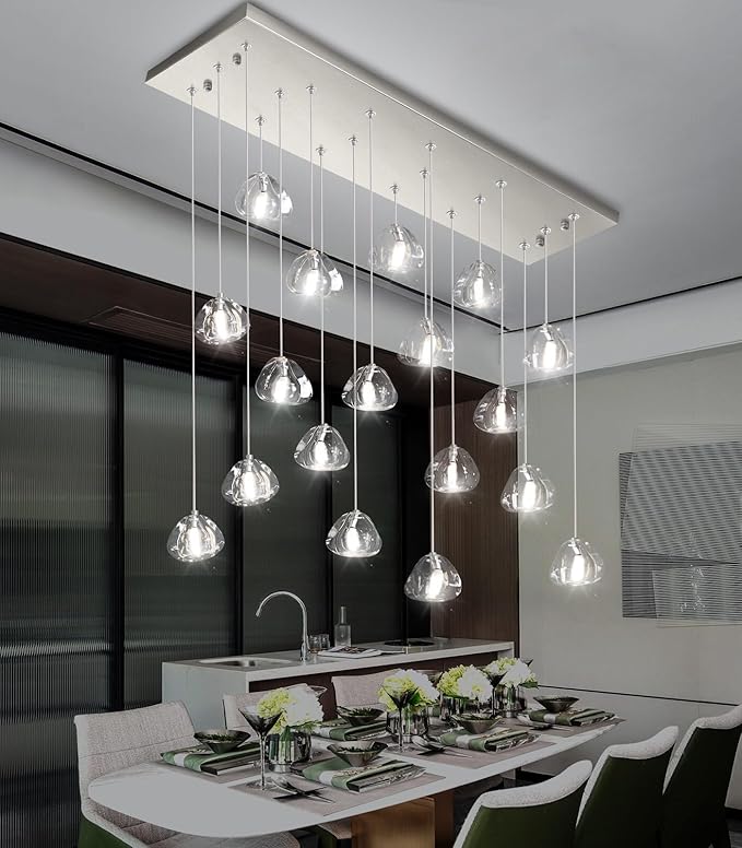 W35 x D11.8 x H118 Rectangular Chandelier Bubble Crystal Balls Glam Chandeliers Dimmable Light High Ceiling Pendants Light Fixtures Adjustable Long Lights Brushed Nickel