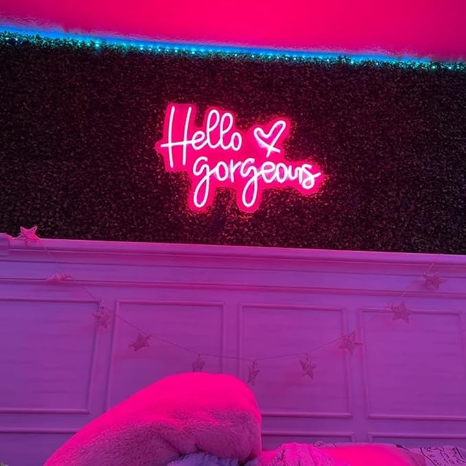 Neon Hello gorgeous Signs LED Decorative Pink Neon Lights for Girls Bedroom Dorm Decor,Home Party Wall Decor,Birthday Gifts,USB Powered,Equipped with Dimmable Switch(Pink Hello,17x10in)
