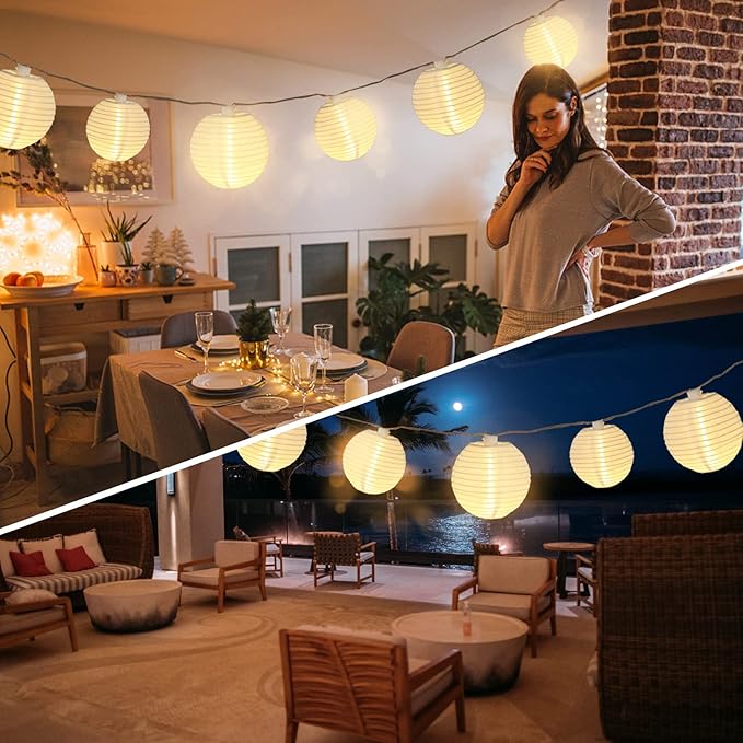 Vigdur White Lantern String Lights - Large and Small Hanging Nylon Lantern Lights Plug in for Indoor Bedroom Party Outdoor Patio Backyard Use,9.84FT
