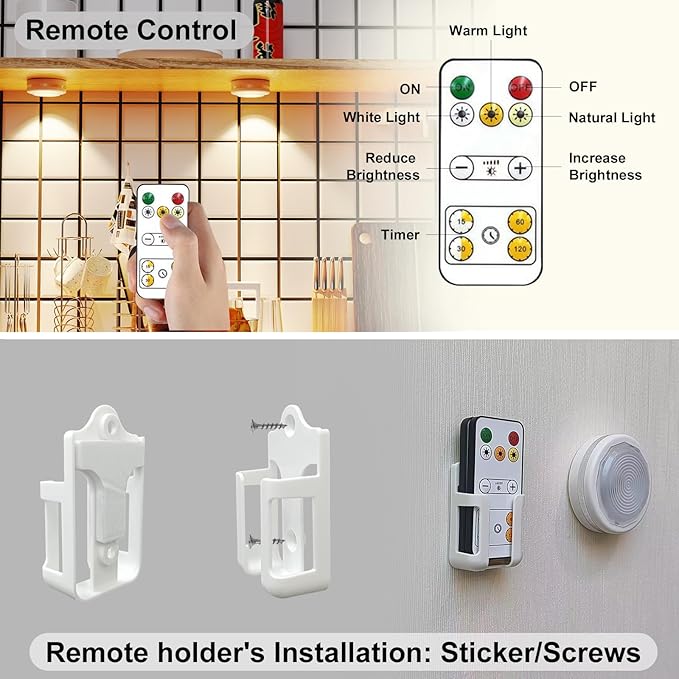 Starxing Battery Operated Puck Lights with Remote, Wireless Led Under Cupboard Light with Remote Control, Under Cabinet Lighting, Stair Closet Lights (3 Color Temperatures)