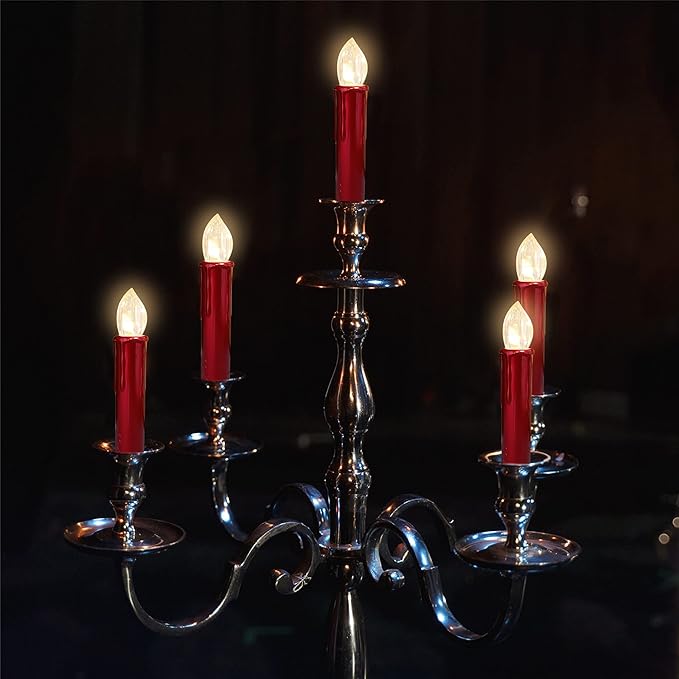 Candlesticks LED Taper Candle,Red Remote LED Candle Sticks Battery Operated Chandelier Flameless Candles with Clip,Flickering Warm White Lights for Wedding Party Women Gifts,RED-LED