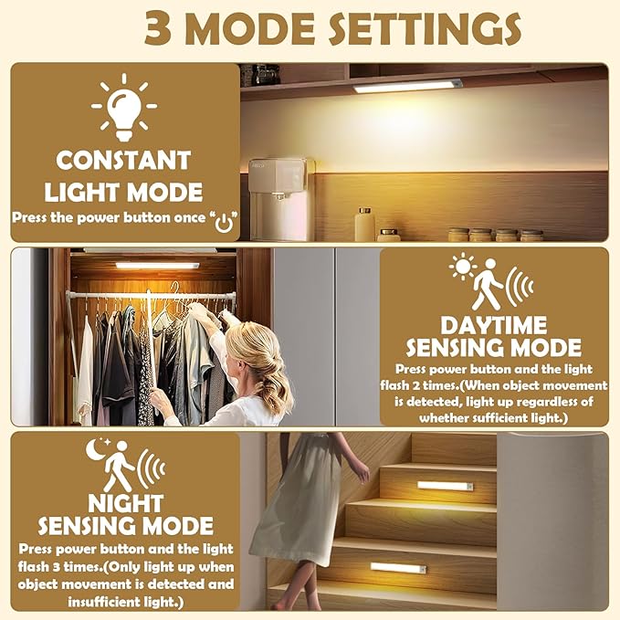 16 inch Under Cabinet Lighting, 80 LED Motion Sensor Closet Light, 1500mAh Rechargeable Battery Dimmable 3 Color Temperature Magnetic Wireless for Kitchen, Shelf, Stairs, Wardrobe, 6 Pack