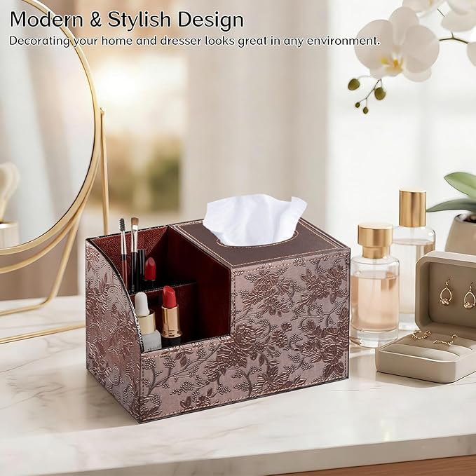 Fanousy Square Tissue Box Cover with Storage, PU Leather Cube Tissue Box Holder, Remote Control Nightstand Organizer, Modern Desk Caddy for End Table, Bathroom, Bedroom, Home, Office Decor