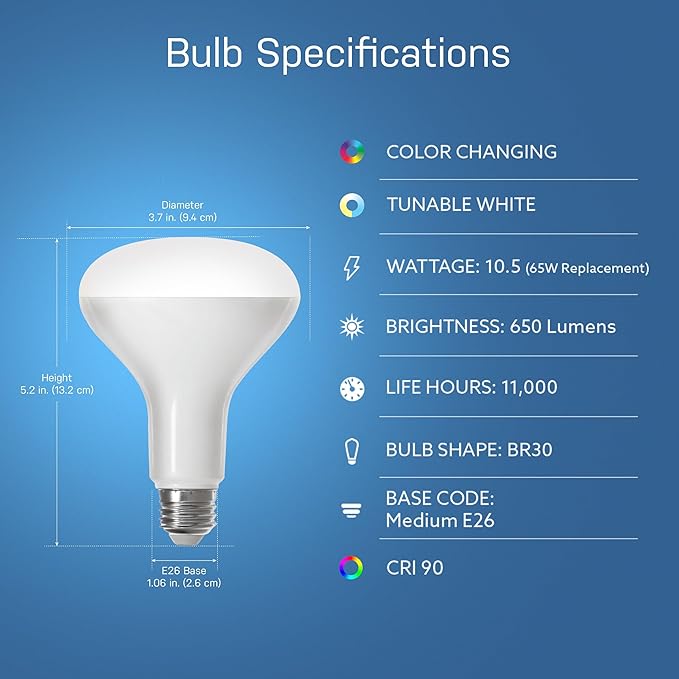 Feit Electric BR30 Smart LED Light Bulbs, 65W Equivalent, Dimmable, Color Changing, Tunable White, 650 Lumens, 2.4GHz Wi-Fi, Alexa/Google Home Enabled Track Lighting, BR30/RGBW/CA/AG/RP/6, 6 Pack