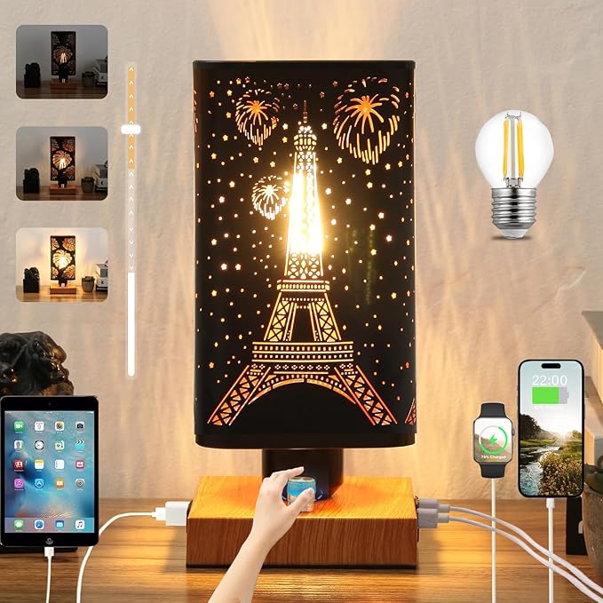 Industrial Table Lamp with USB Ports and Outlet, Rustic Dimmable Bedside lamp with Charging Station, Metal Square Shadow Nightstand Lamp, Night Light for Kids Bedroom Living Room End Tables