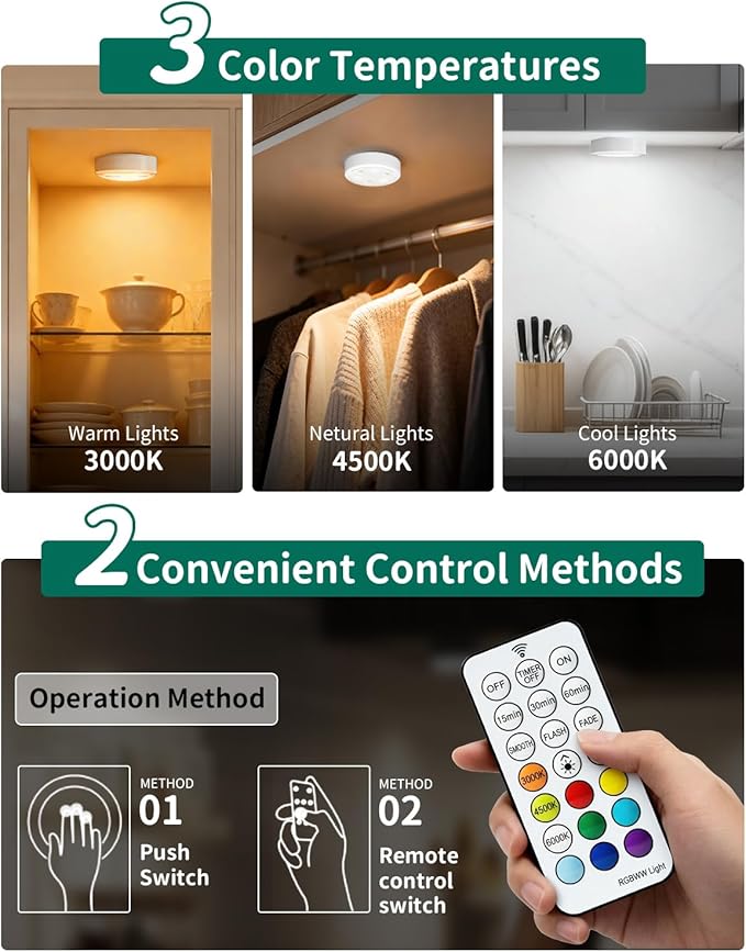 2-Pack Puck Lights with Remote, 1800mAh Rechargeable Under Cabinet Lighting, 3 Color Temps & 7 RGB Colors, Long-Lasting Dimmable Stick-On Lights for Cabinet, Kitchen, Shelf, Party