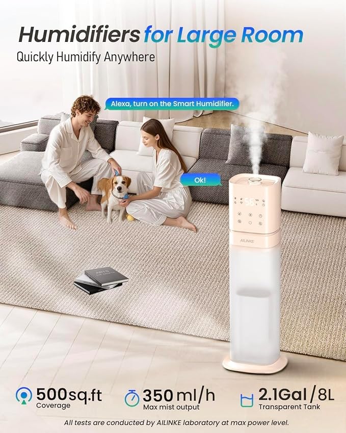 Smart Humidifier Large Room, 2.1Gal/8L Humidifiers for Bedroom with Extended Tube&Night Light, Whole House Cool Mist Humidifiers, WIFI App&Voice Control, Home/Kids/Baby, Pale Pink