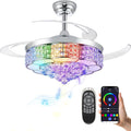36" RGB Retractable Crystal Ceiling Fan with Light and Speaker Dimmable Bluetooth Chandelier Fan, 6 Speed Timer Fandelier, APP/Remote Control & Speaker for Bedroom,Silver