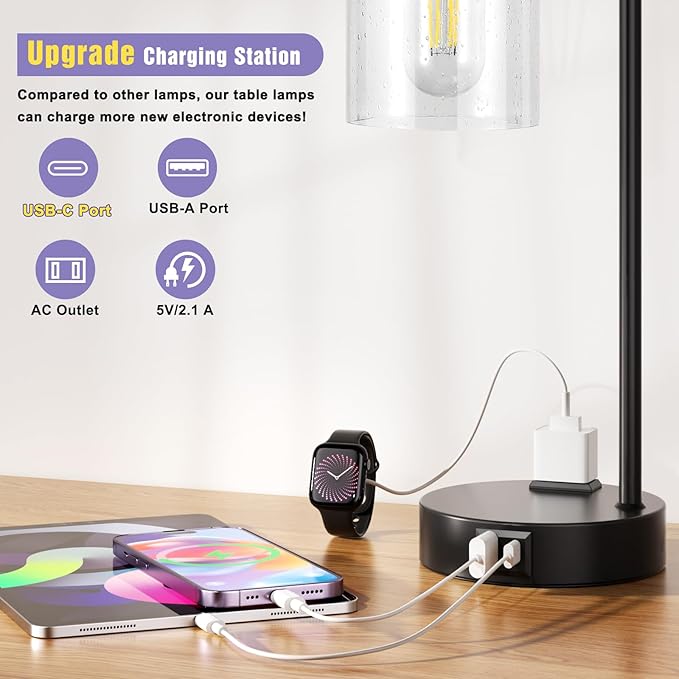 Industrial Touch Table Lamps for Bedrooms Set of 2 - 3-Way Dimmable Lamps with USB C+A Ports and Outlet, Black Bedside Lamps with Seeded Clear Glass Shade for Living Room, Desk Lamps for Home Office