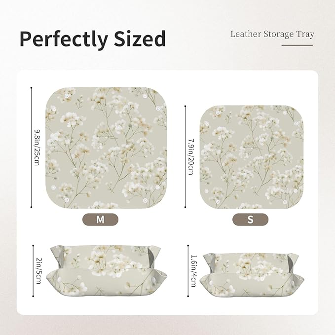 Tiny White Flowers Clusters Minimal Leaves Valet Tray Leather Portable Tray Desktop Storage Organizer Bedside for Men Women Jewelry Keys Coin Candy Sundries