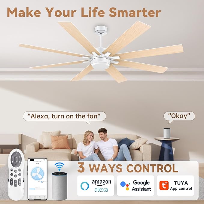 72Inch Large Smart Ceiling Fans with Lights Remote,Control via WIFI Alexa Google App,Modern Outdoor Indoor Ceiling Fan for Large Patio Living Room,6 Speed Quiet DC Motor,8 Blades in White& Light Wood