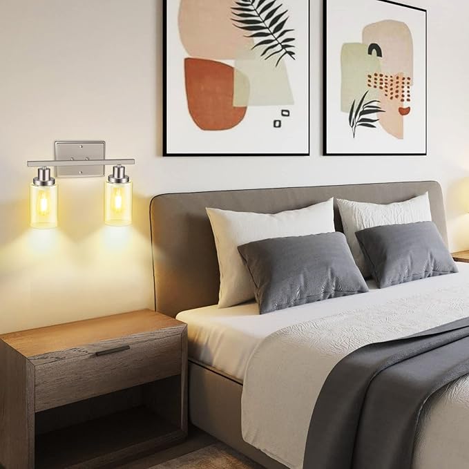 Ascher 2-Light Wall Sconces, Modern Vanity Light Fixture with Clear Glass Shade, Brushed Nickel Wall Light for Mirror Bedroom Hallway, E26 Base (Bulbs Not Included)
