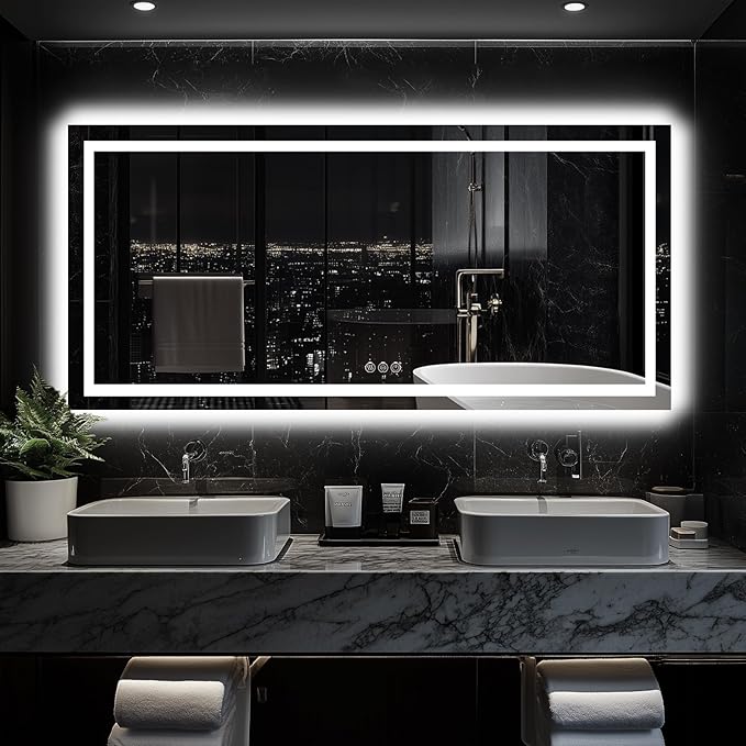 LED Bathroom Mirror, 60"x28" with Frontlit and Backlit Anti-Fog Mirror with Lights LED Vanity Mirror for Bathroom 3 Colors Temperature & Dimmable Bathroom Mirror with HD Tempered Glass