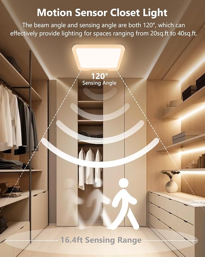 2 Pack Rechargeable Motion Sensor Ceiling Lights with Remote, Dimmable Magnetic Mount Closet Light, 7000mAh Battery Operated LED Shower Light, 3 Color Temperatures for Bathroom, Stairs, Hallway,Garage