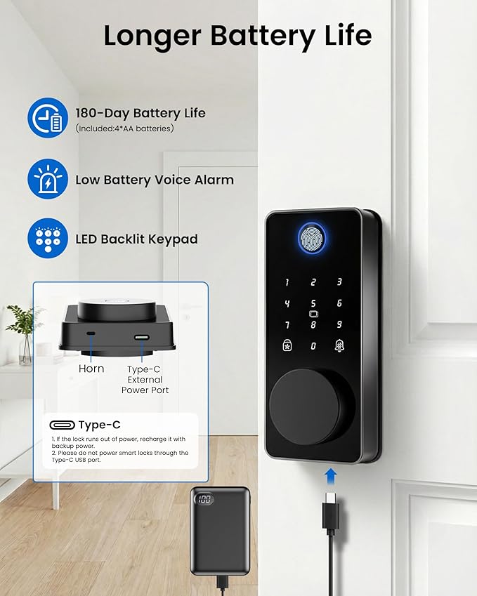 Smart Deadbolt Lock, Fingerprint Keyless Entry Door Lock App Control, Electronic Touchscreen Keypad, Auto Locking, IP54 Weatherproof, Easy Install Digital Deadbolt for Front Door