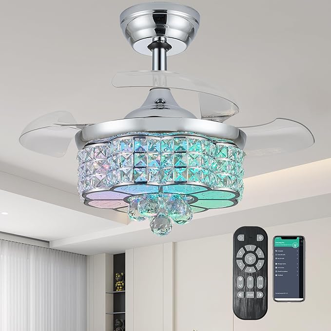 30" RGB Crystal Retractable Ceiling Fan with Light Dimmable LED Chandelier, Remote & App Control, 6-Speed Timer, Memory Function for Bedroom Living Room,Silver
